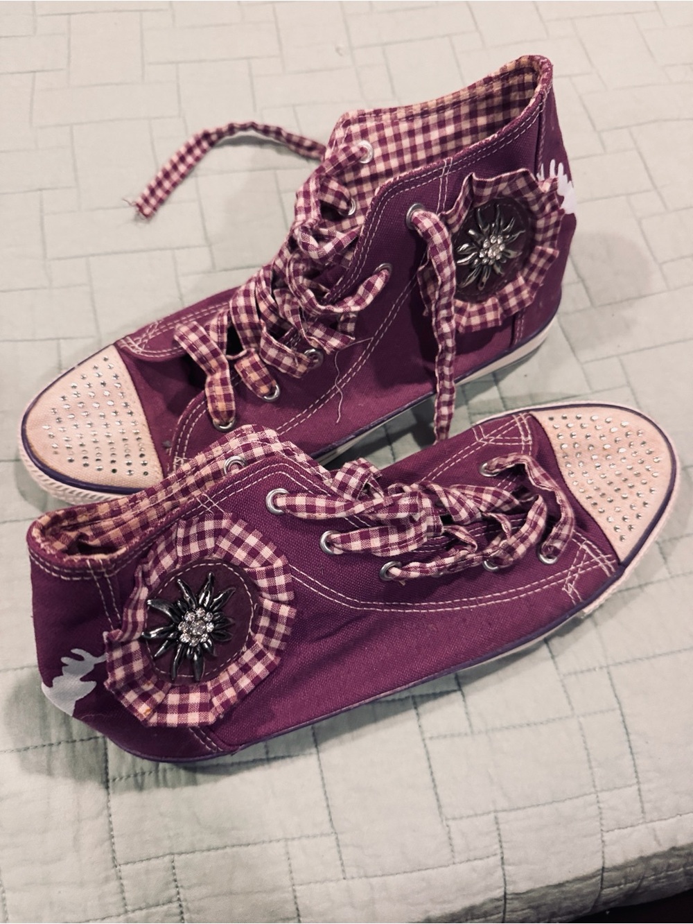 RARE unique Purple High-Top Canvas Sneakers with Rhinestone Toe and Gingham Trim
